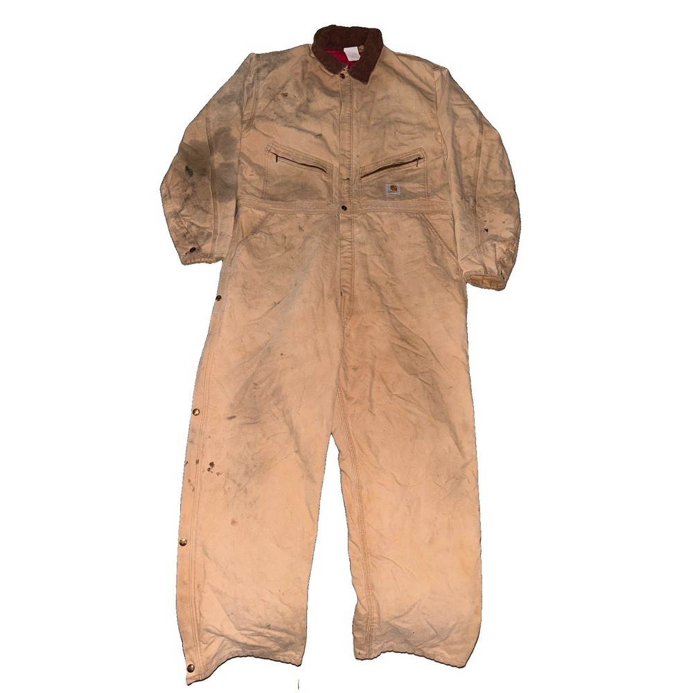 Vintage Carhartt Tan Brown Corduroy Collar Distressed Coveralls Mens 50 XXL 2XL